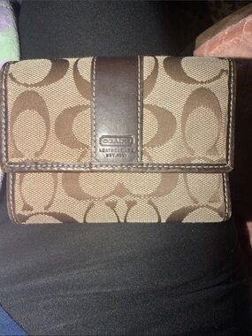 Coach Brown and Tan Signature Canvas Trifold Wallet